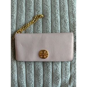 Tory Burch Britten Slim Wallet Pink Pebbled Leather Gold Chain Wristlet Logo
